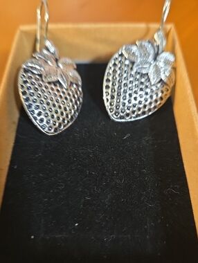 Sterling Silver Strawberry Drop Earrings - Silver